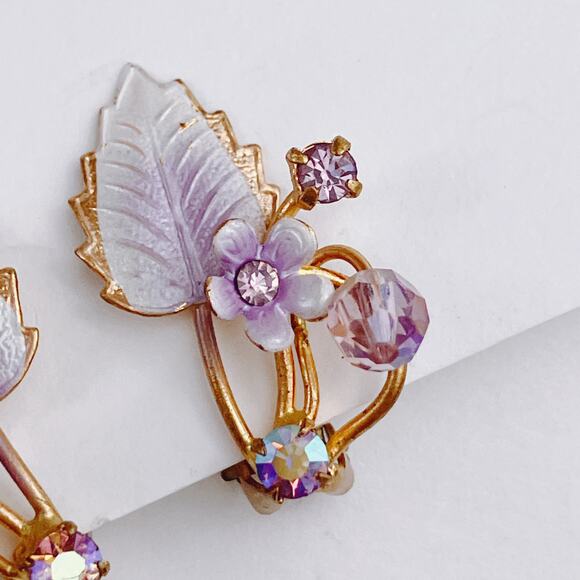 Vintage Austria Purple Floral Clip On Earrings AB Rhinestone Beads Gold Tone - Picture 5 of 11
